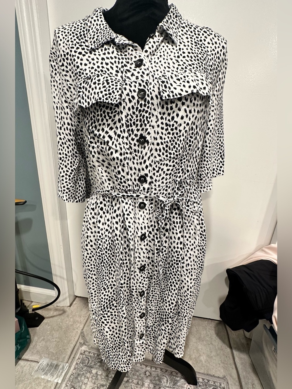 Topshop Black and White Printed Midi Shirt Dress